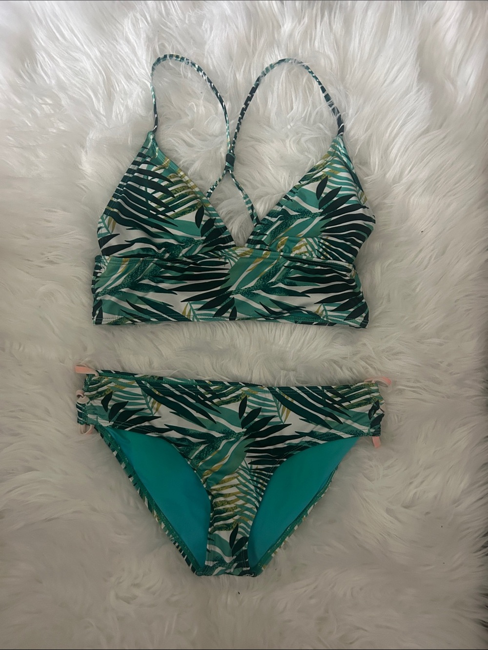 Roxy Green Tropical Leaf Print Bikini Set size large